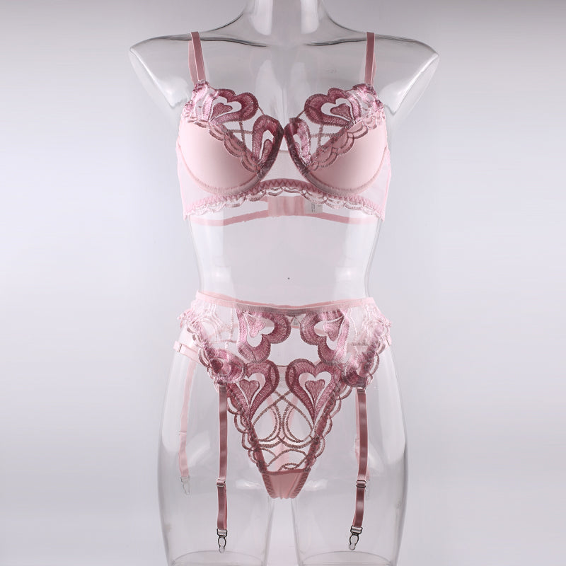 2023 Summer new pink big heart with steel ring bra thong sexy underwear three-piece set