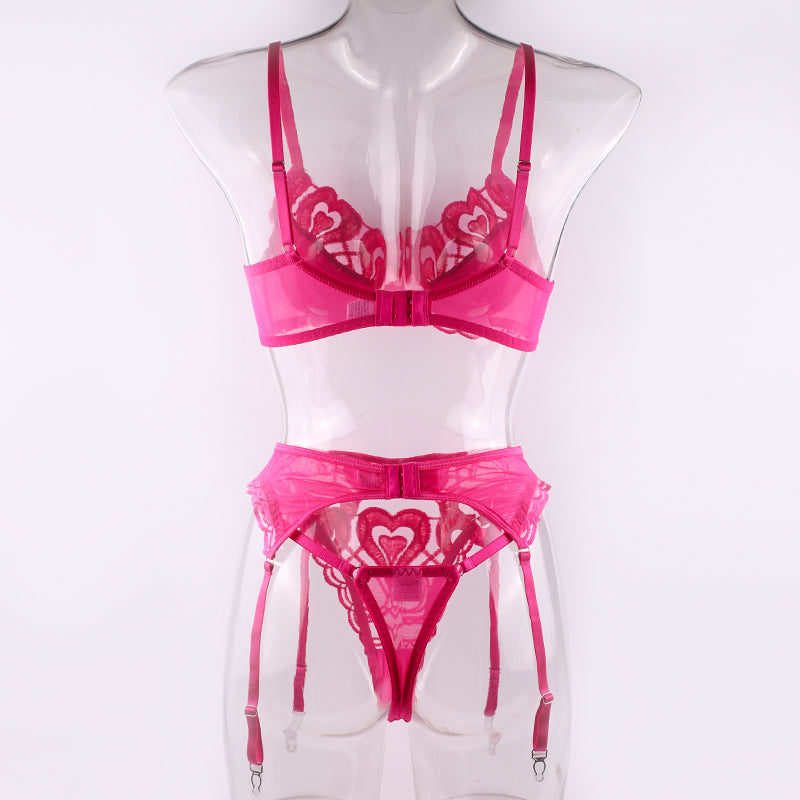 2023 Summer new pink big heart with steel ring bra thong sexy underwear three-piece set