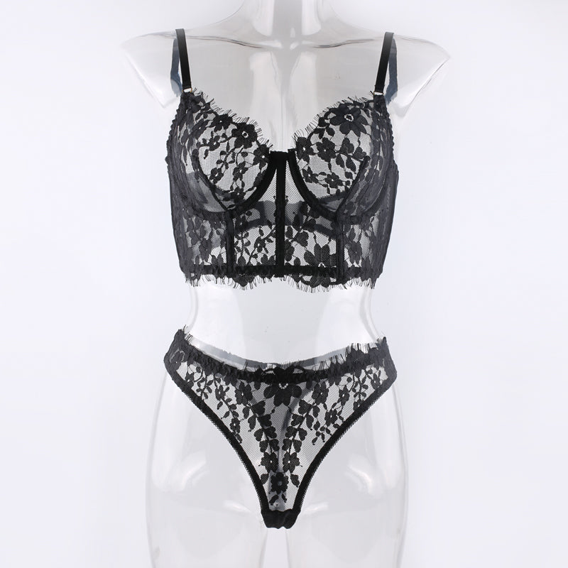 Monochrome underwire fishbone corset camisole bra top briefs lace sexy lingerie set