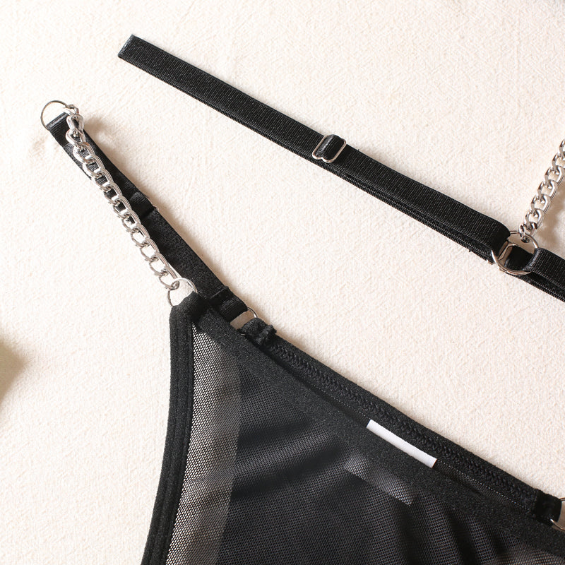 Black metal chain no steel ring mesh bra thong see-through sexy underwear three-piece set with collar