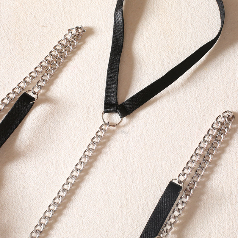 Black metal chain no steel ring mesh bra thong see-through sexy underwear three-piece set with collar