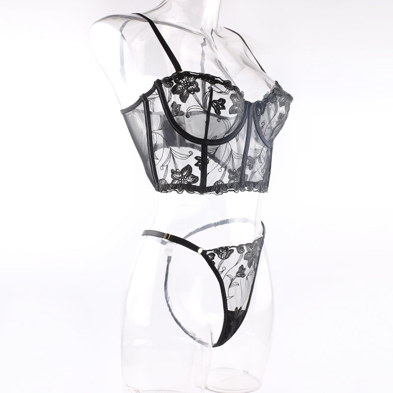 White embroidered fishbone bra underwear thong vest style sexy lingerie set with steel ring can be worn outside