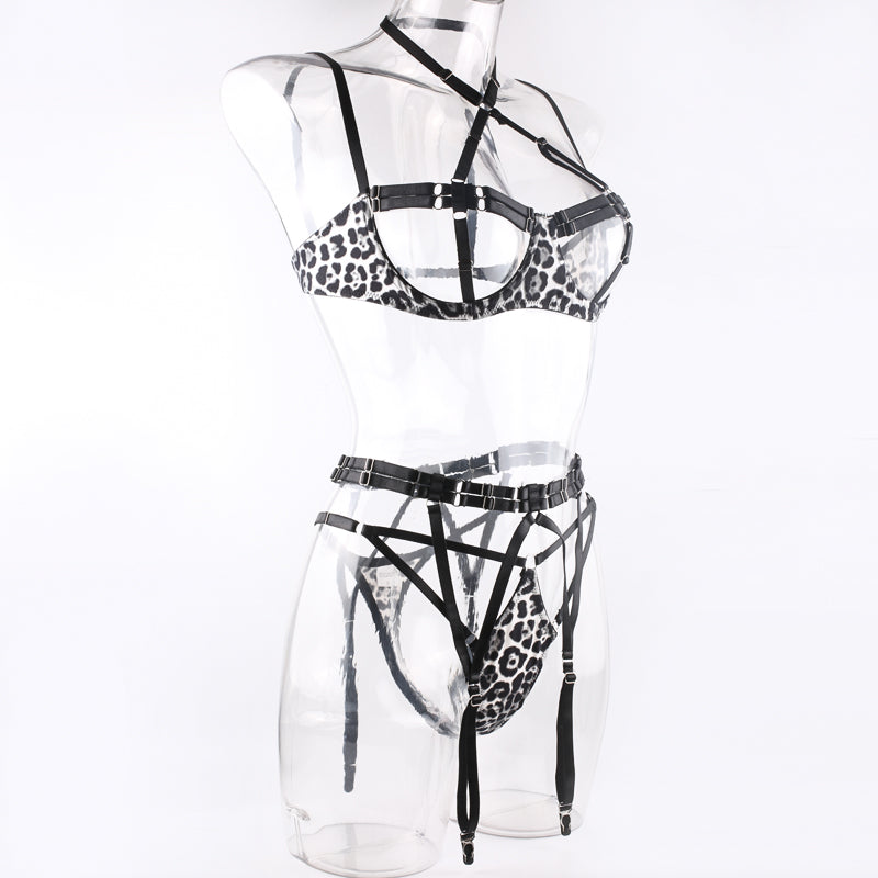 New Leopard print heavy industry complex strap three-piece sexy underwear Erotic Lingerie