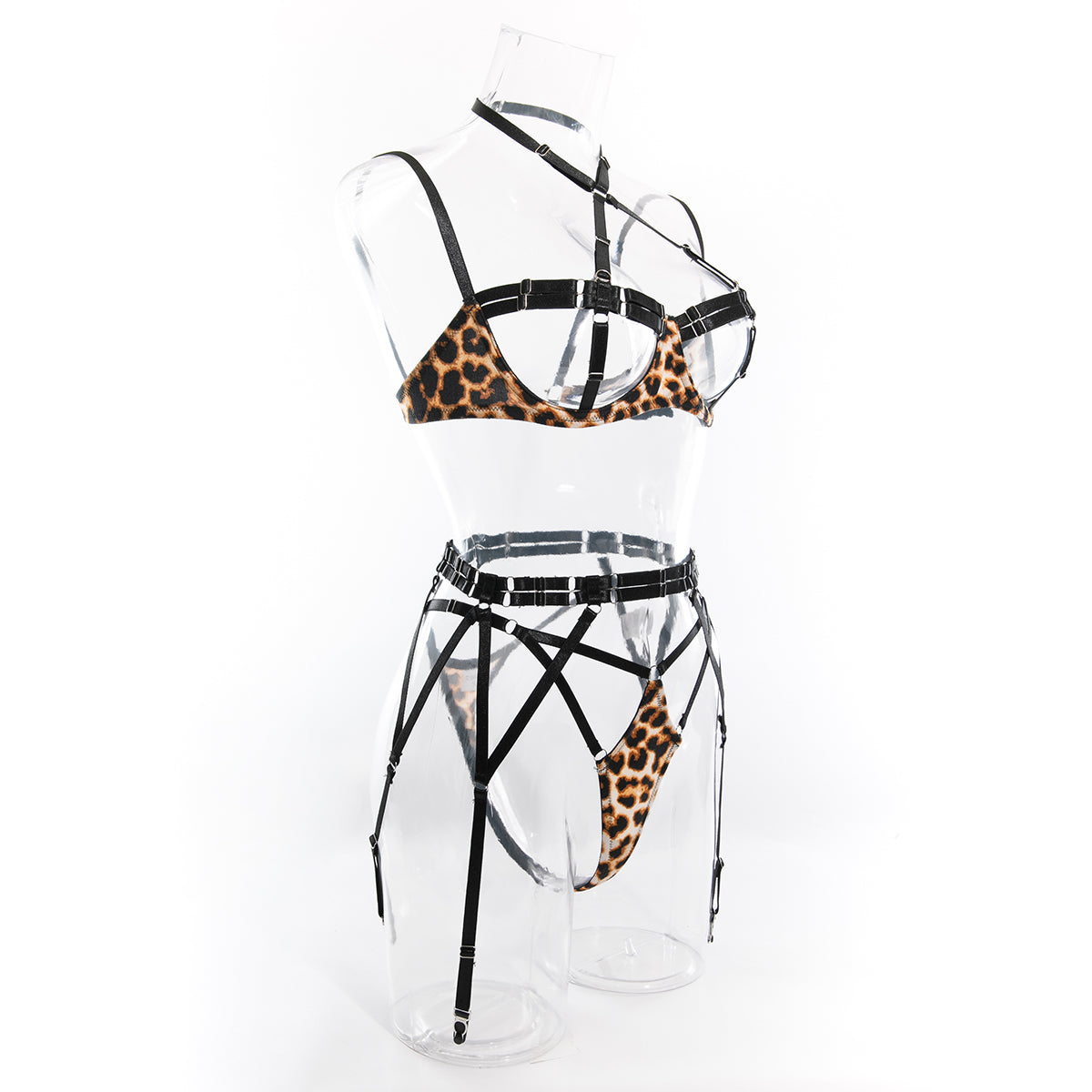 New Leopard print heavy industry complex strap three-piece sexy underwear Erotic Lingerie