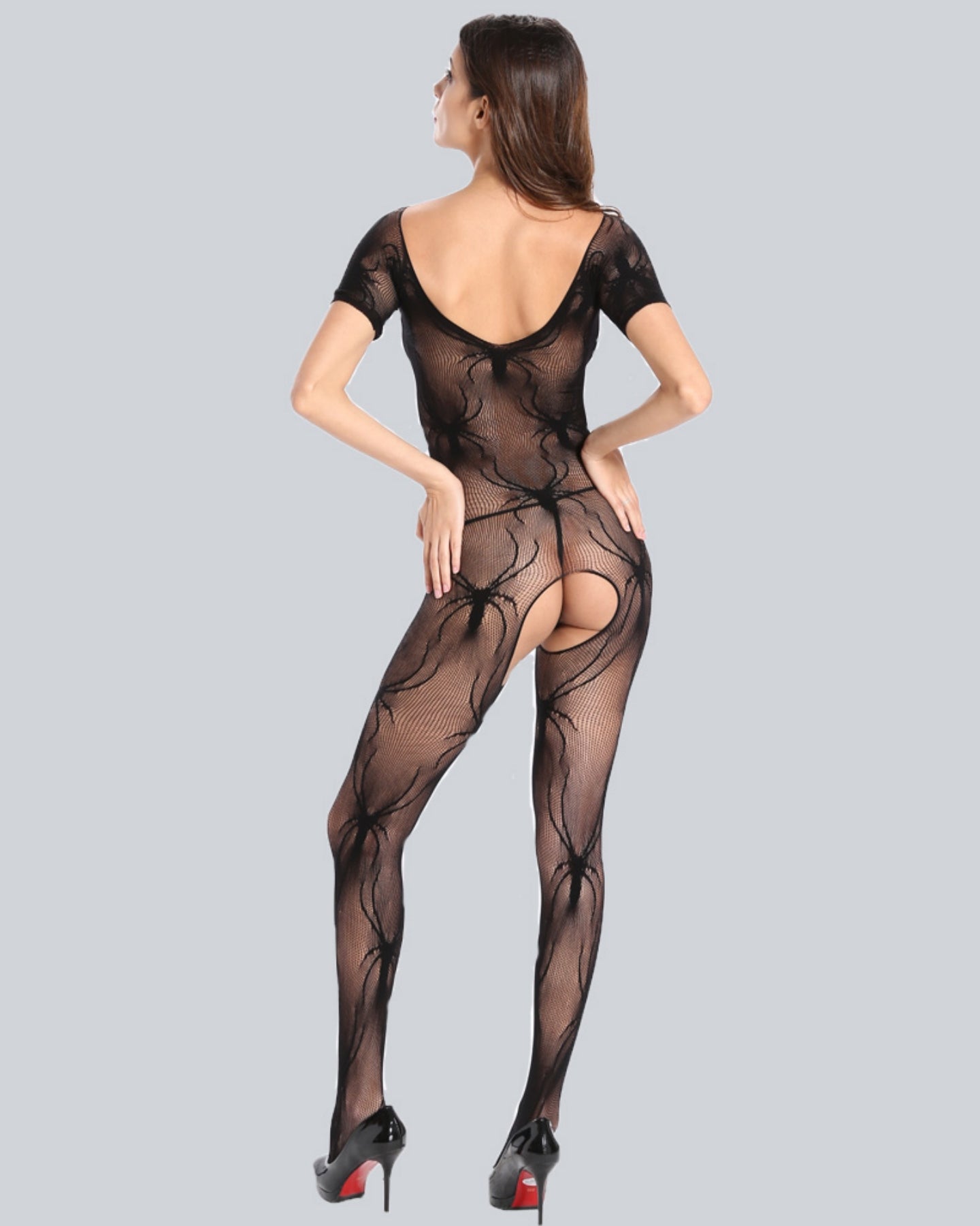 Sexy tight black sexy lingerie with spider pattern open side and see-through passion bodysuit