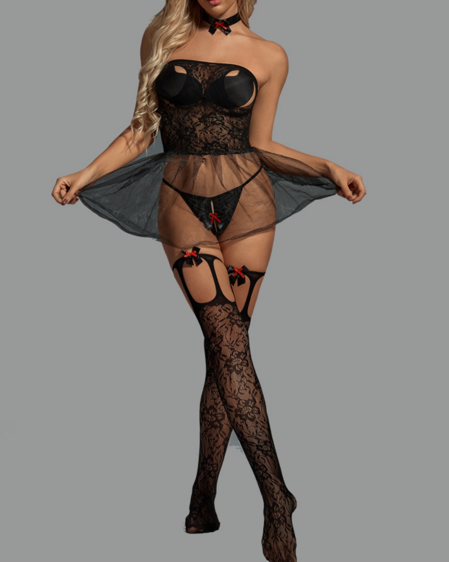Bowknot sexy lingerie temptation one-piece mesh dress lace skirt support suspenders pure desire stockings three-piece set