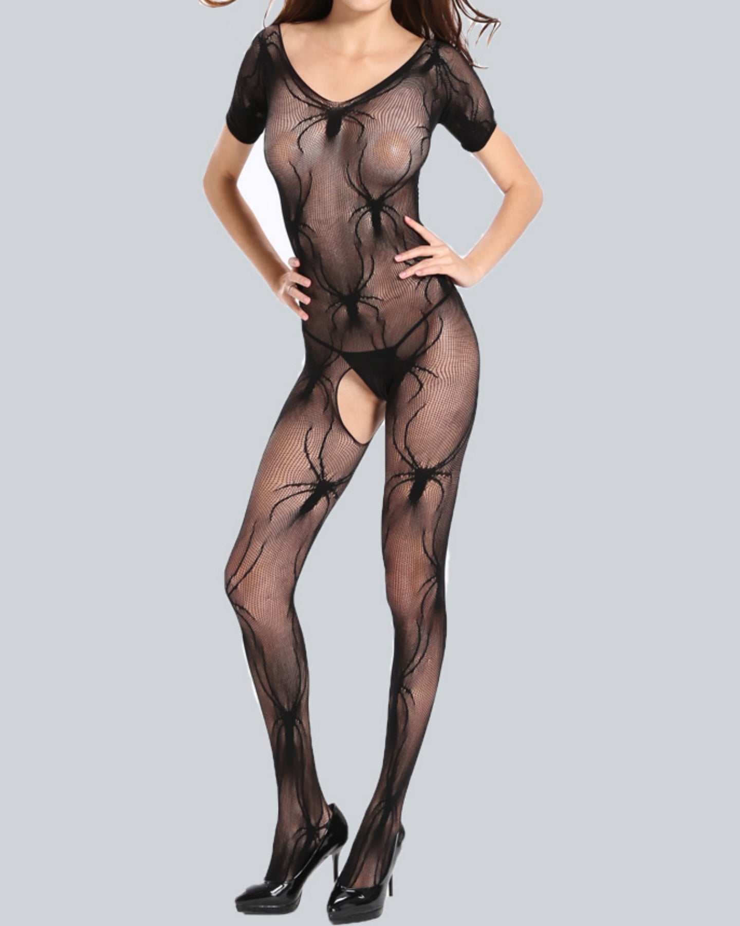 Sexy tight black sexy lingerie with spider pattern open side and see-through passion bodysuit