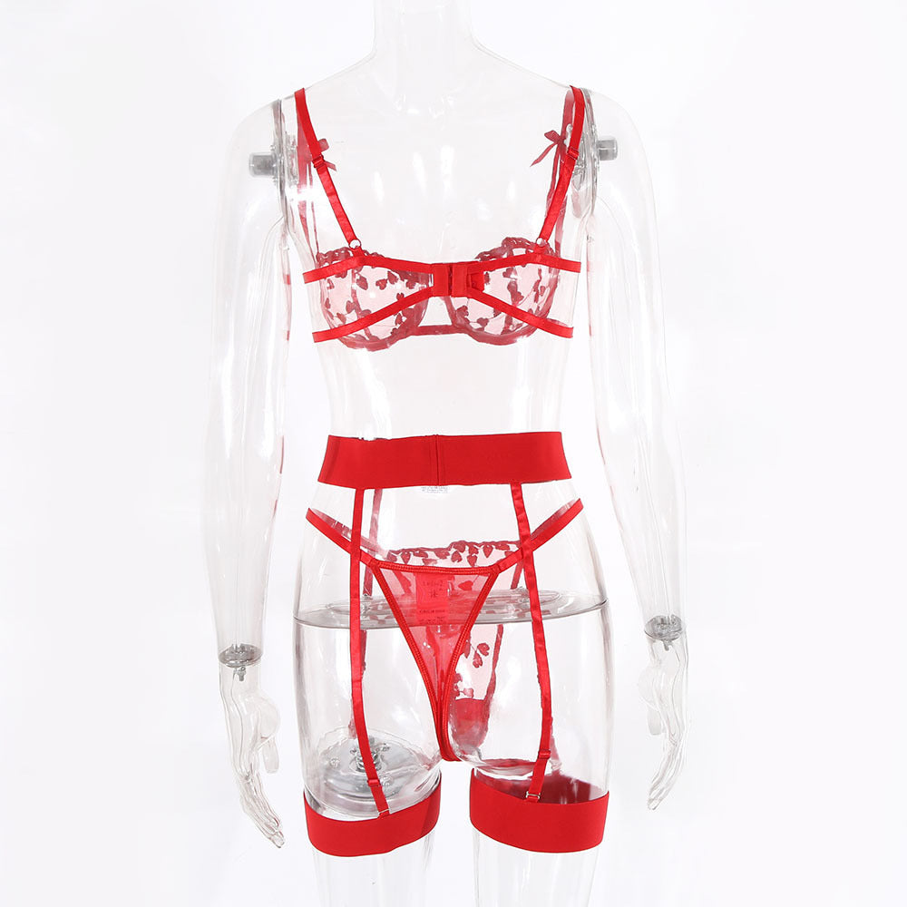 Lace Embroidery Girls Mesh See-Through Sexy Lingerie Three-piece Set