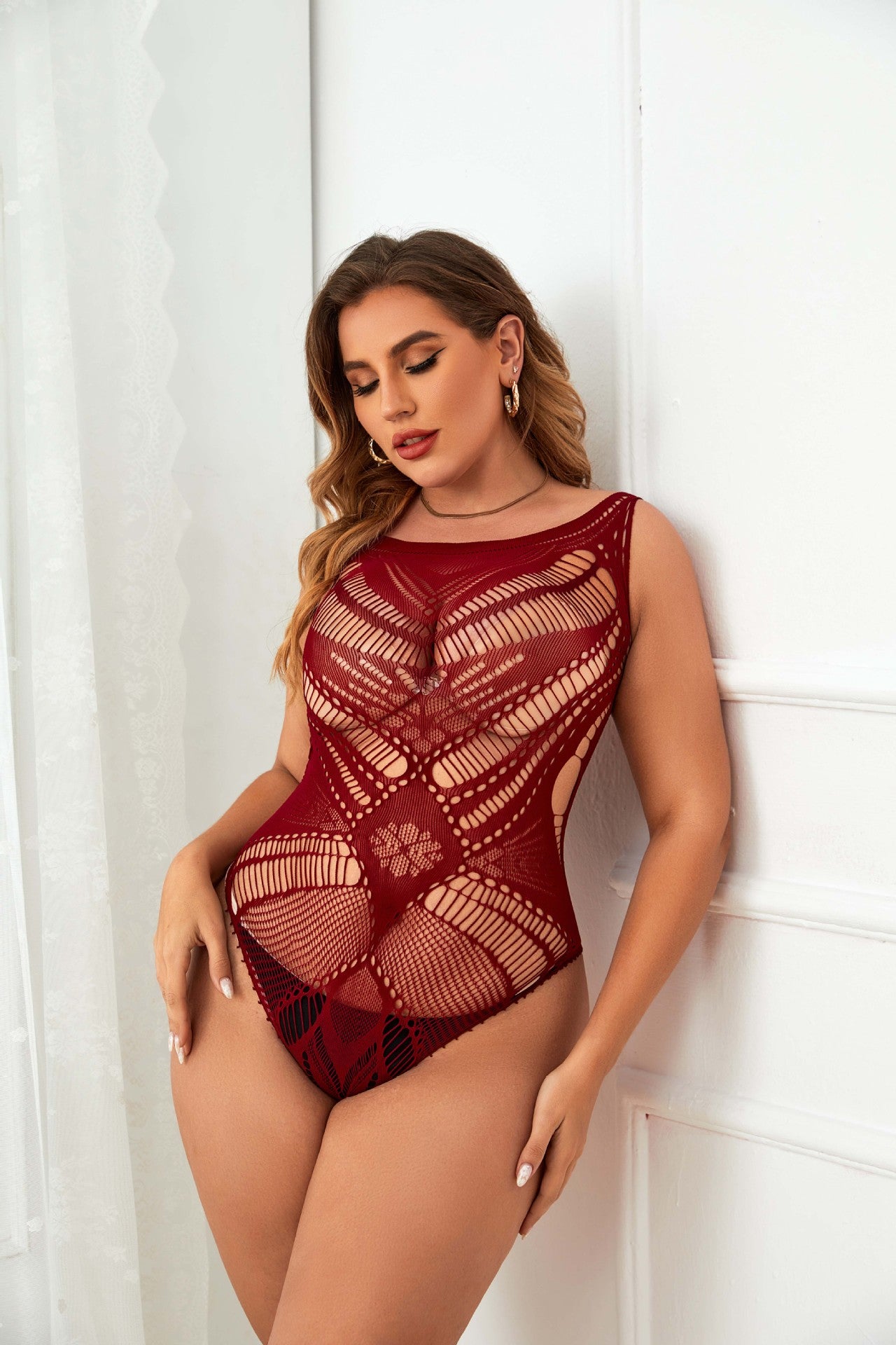2023 New Christmas plus size sexy lingerie burgundy jacquard one-piece see-through tight netting