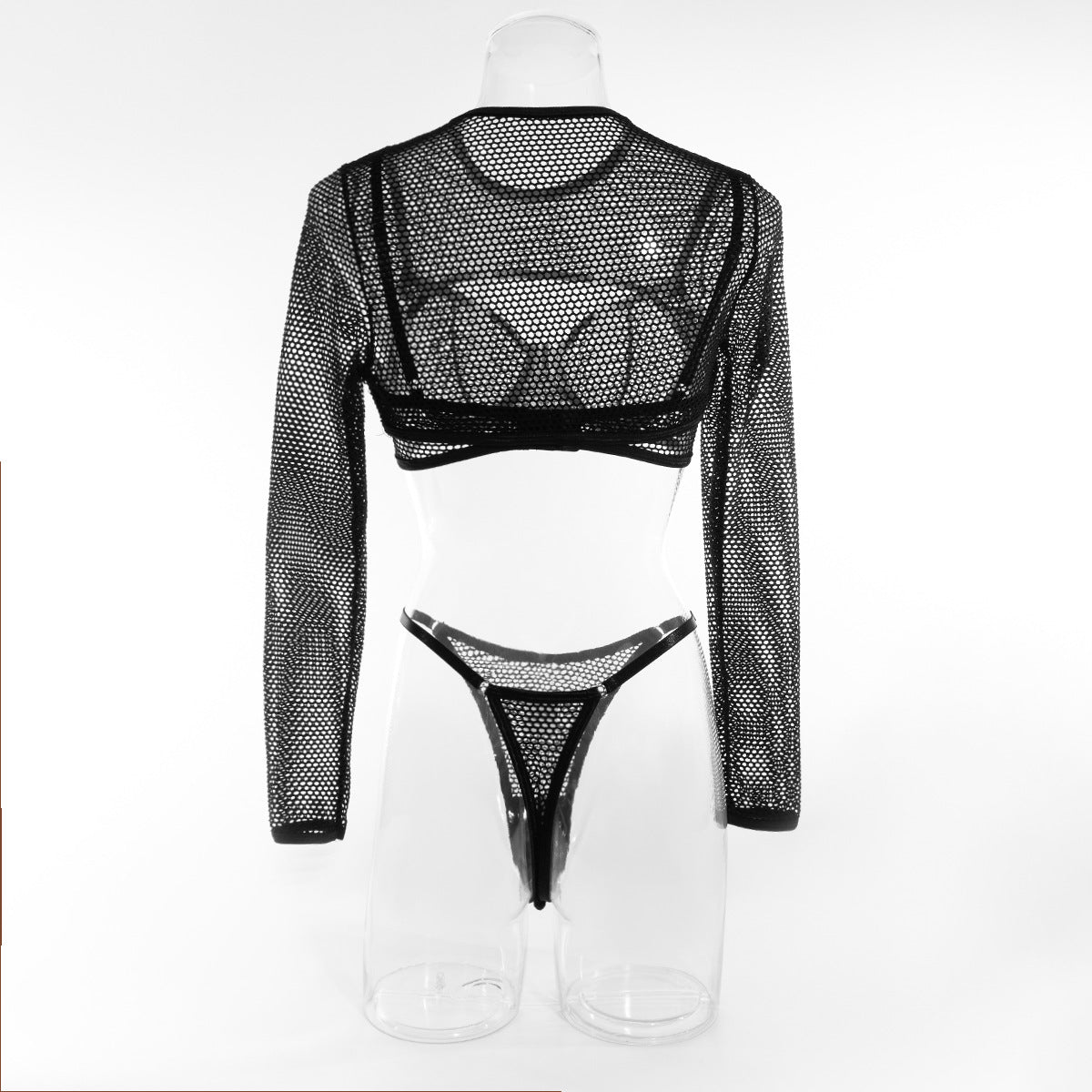 2023 Christmas new mesh hollow bra and thong set with long-sleeved ultra-short blouse three-piece set