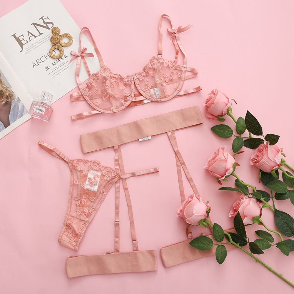 Lace Embroidery Girls Mesh See-Through Sexy Lingerie Three-piece Set