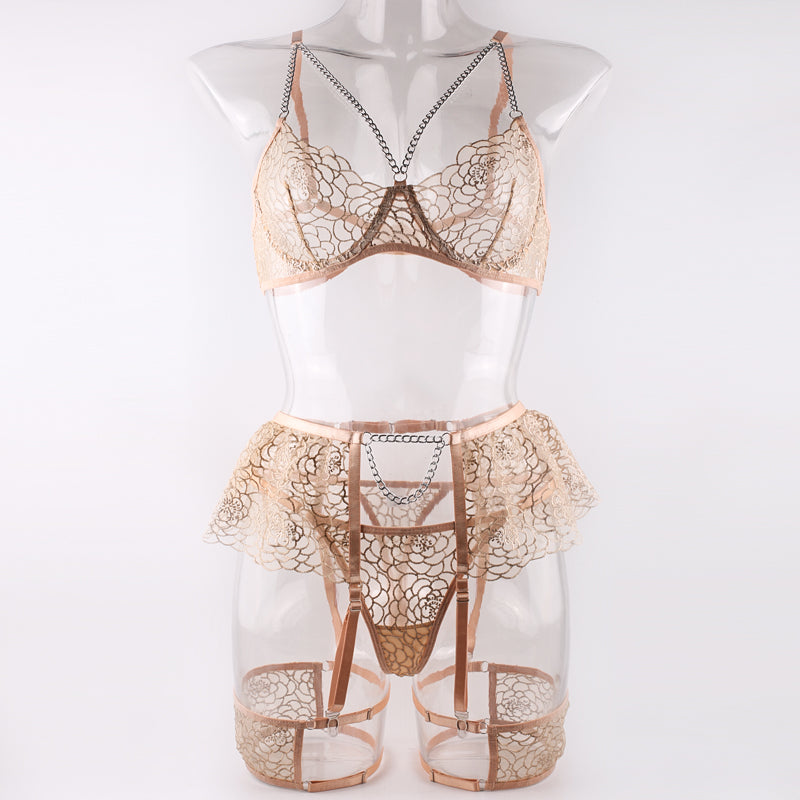 New apricot color embroidered skirt with metal chain decoration with leg circumference steel ring sexy underwear four-piece set